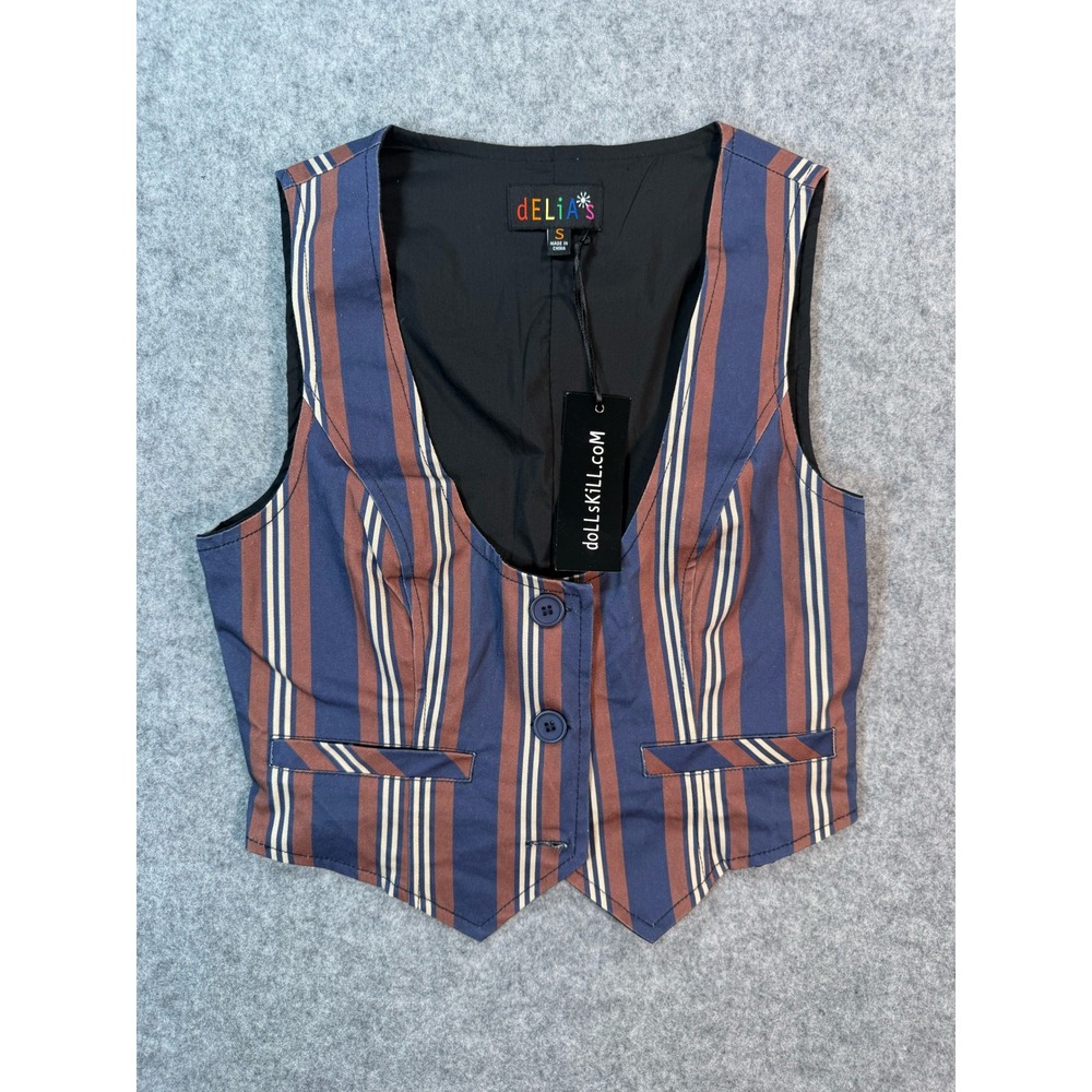 dELiA*s by Dolls Kill Striped Waistcoat Vest Navy Brown Y2K Small NEW